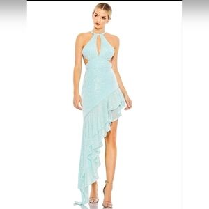 Mac Duggal Aqua Halter Style Asymmetrical Glittering Ruffle Gown